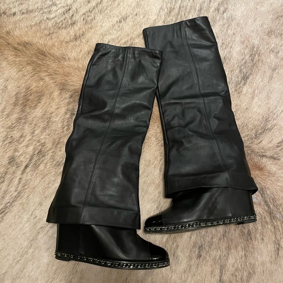 Chanel Foldover Knee High Cap Toe Chain Wedge Heel Boots - Picture 3 of 11
